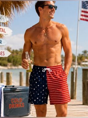 Trunks Surf & Swim Co Patriotic USA Flag Swim Trunks NWT Large Lake Beach Pool